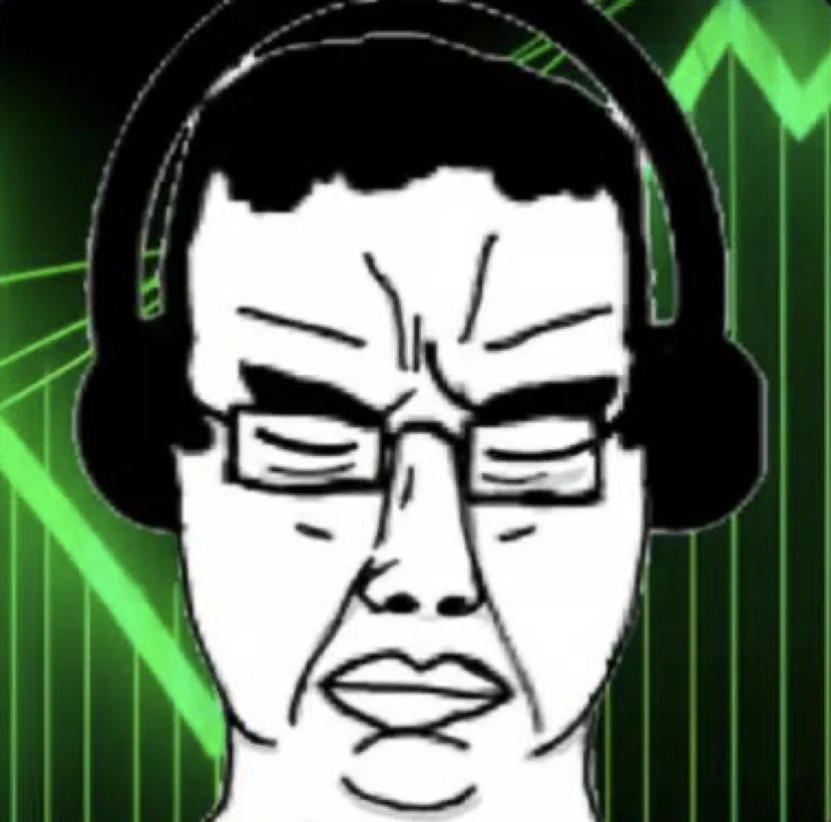 A chud in headphones and glasses, staring, lit by green chart lines.